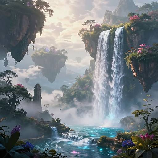 Digital fantasy landscape: towering waterfall cascades into a misty, turquoise pool surrounded by floating islands, lush foliage, vibrant flowers, and towering cliffs under