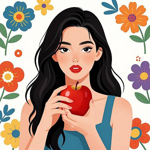 Digital illustration of a beautiful woman with long black hair, holding a red apple, wearing a blue top, surrounded by colorful flowers.