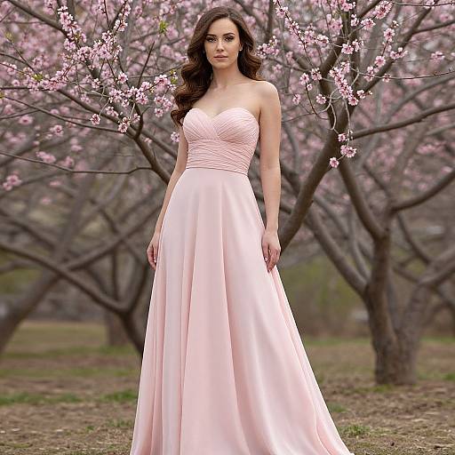 Photograph of a beautiful woman with long brown hair in a strapless, pink satin ball gown, standing among blooming cherry trees.