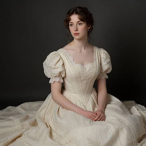 Photograph of a fair-skinned woman with dark brown hair in an elegant, off-white Victorian dress with puffed sleeves, sitting against a dark background