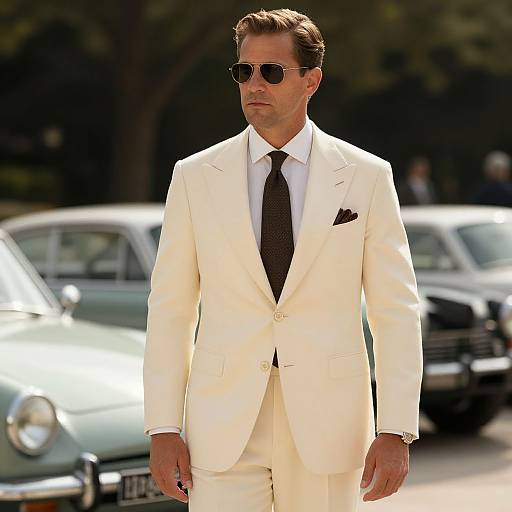 Stylish Man in Cream Suit with Vintage Cars