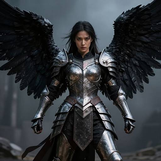 Digital art of a fierce woman with black wings, wearing shiny silver armor, standing confidently against a misty, dark background.