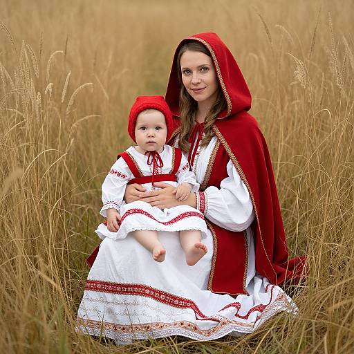 Photograph of a woman with long brown hair, wearing a red hooded cloak and white embroidered dress, holding a baby in similar attire, standing in