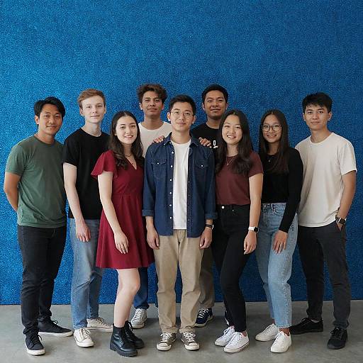 Group of Diverse Young Adults Against Blue Glitter Wall