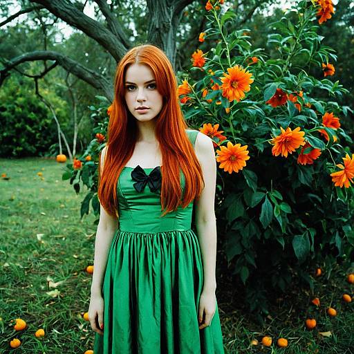Red-haired woman in green dress with orange flowers