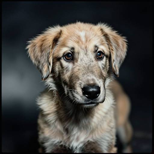 Photograph of a cute, young, brown and white mixed-breed puppy with soft fur, large dark eyes, and a slightly tilted head against a