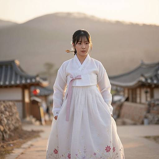 Photograph of a young Asian woman in a traditional white hanbok with pink floral embroidery, standing in a sunlit, mountainous village with traditional