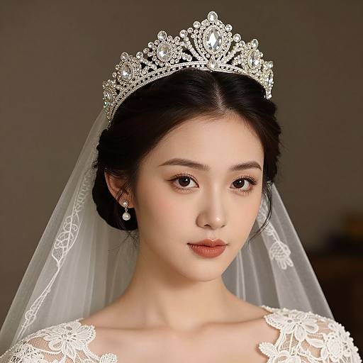 Photograph of an East Asian bride with fair skin, dark hair, and delicate features, wearing a sparkling tiara, lace veil, and white lace