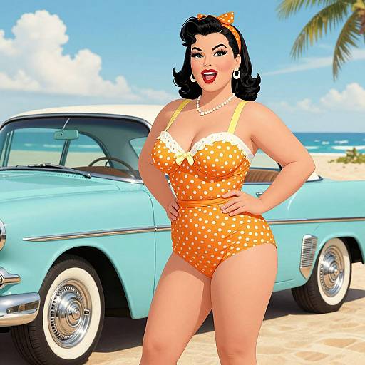 Vintage-style digital illustration of a curvy woman with fair skin, black wavy hair, red lipstick, orange polka dot bikini, and pearl necklace