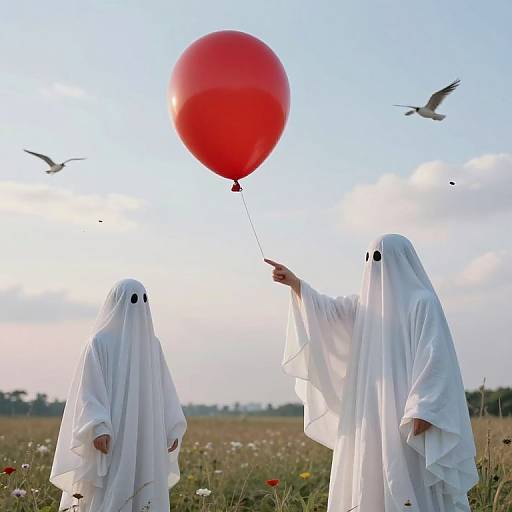 Two ghost-like figures in white robes holding a red balloon, surrounded by flying birds, in a field under a blue sky. Photograph.