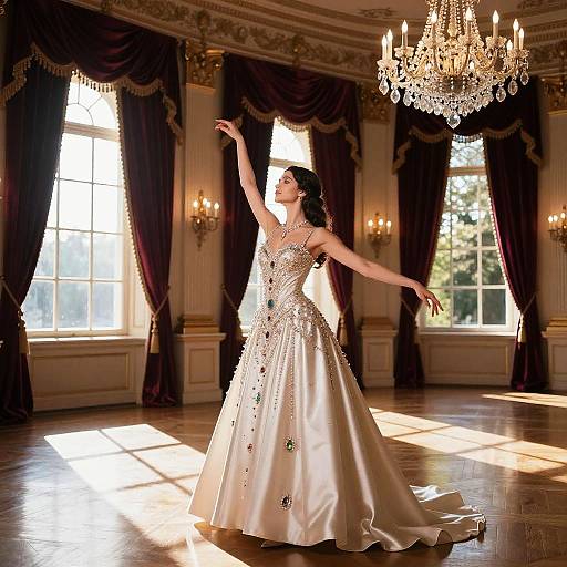 Photograph of a woman in a sparkling, white satin ball gown with floral embroidery, dancing in an opulent, sunlit ballroom with grand ch
