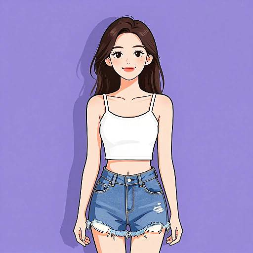 Digital anime-style drawing of a smiling young woman with long brown hair, wearing a white crop top and blue distressed denim shorts, against a solid purple background