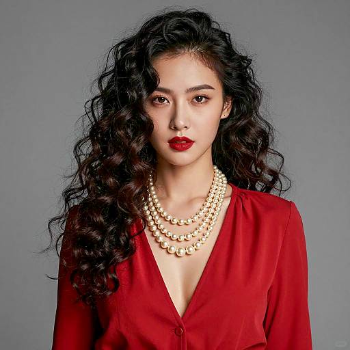 Elegant Woman in Red with Pearl Necklace
