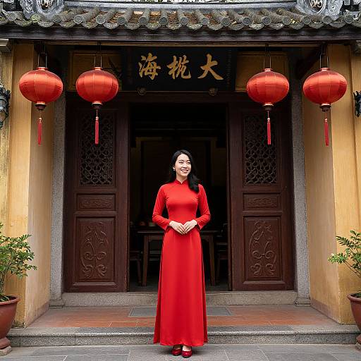 Photograph of a smiling Asian woman in a long, red, traditional dress standing in front of a traditional Chinese building with red lanterns and intricate wooden
