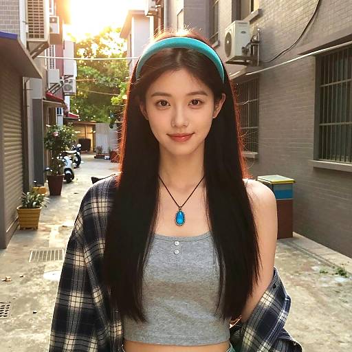 Photograph of an Asian woman with long black hair, wearing a blue headband, gray crop top, plaid shirt, blue pendant, standing in