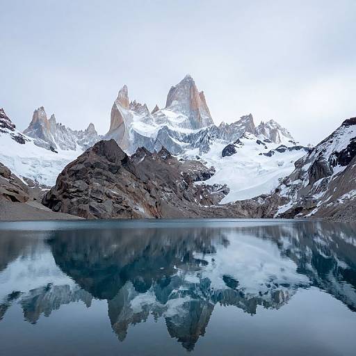 Photograph of a serene mountain landscape with snow-capped peaks reflected in a calm, mirror-like lake under a bright, overexposed sky.