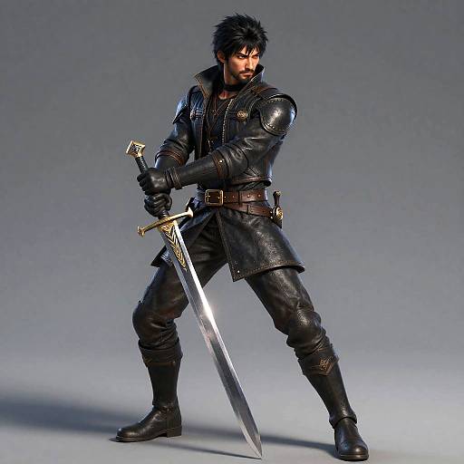 Digital artwork of a muscular, dark-haired man in black leather armor, holding a silver sword, standing in a strong, ready stance.