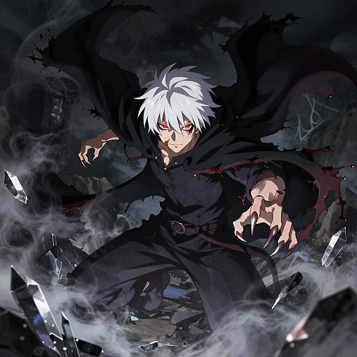 Digital anime artwork of a white-haired, red-eyed male warrior in black, surrounded by jagged crystals and dark smoke, with intense, determined expression.