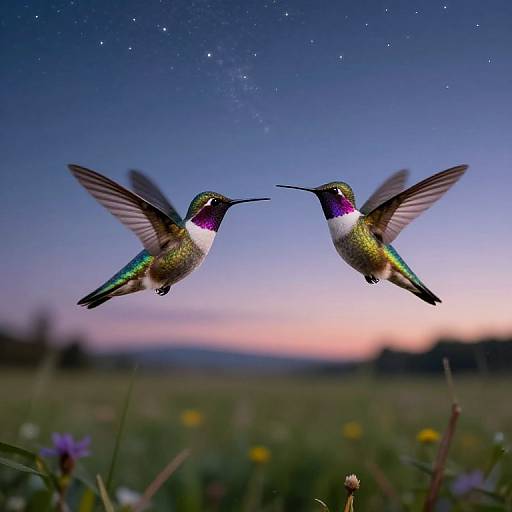 Photograph of two vibrant hummingbirds with iridescent green, purple, and white feathers, hovering mid-air against a twilight sky, surrounded by a