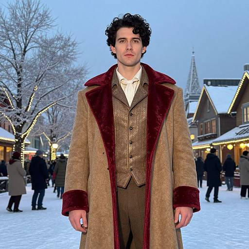 Photograph of a curly-haired man in a brown Victorian-style coat with maroon lining, standing in a snowy, illuminated Christmas market.