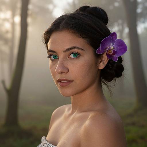 Photograph of a young woman with fair skin, green eyes, and dark hair in a bun, adorned with a purple orchid, wearing a white