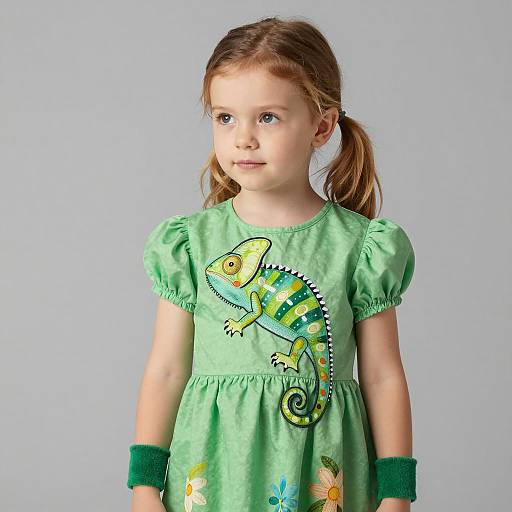 Young Girl in Green Chameleon Costume Dress