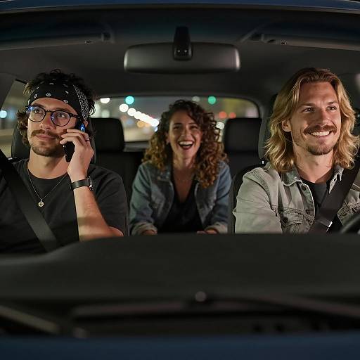 Three friends in car at night