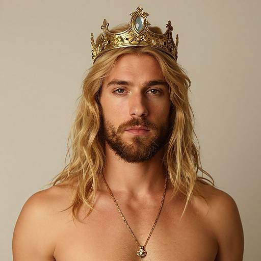 Photograph of a shirtless, bearded man with long blonde hair wearing a gold crown and necklace, set against a plain white background.