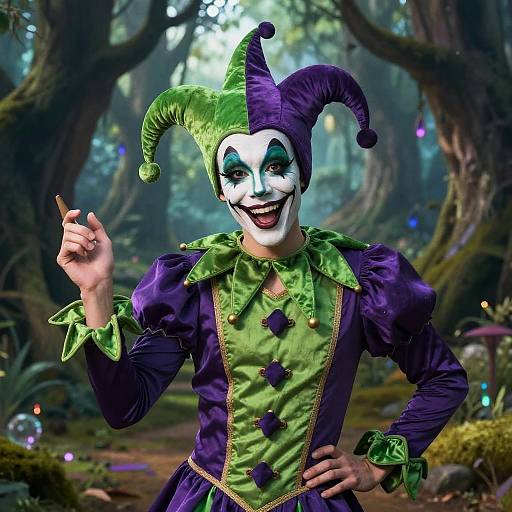 Vibrant Jester in Mystical Forest