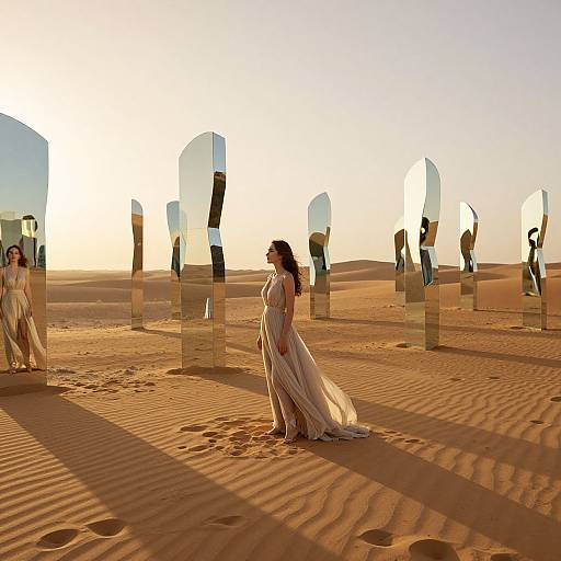 Photograph of a woman in a flowing white dress standing in a desert, surrounded by mirrored pillars reflecting the sunset.