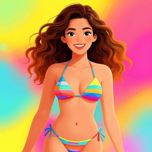 Digital illustration of a smiling woman with wavy brown hair, wearing a colorful striped bikini, against a vibrant rainbow background.