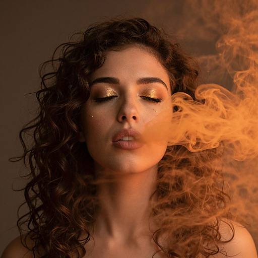 Photograph of a woman with curly brown hair, closed eyes, golden eyeshadow, and glowing skin, surrounded by vibrant orange smoke against a dark