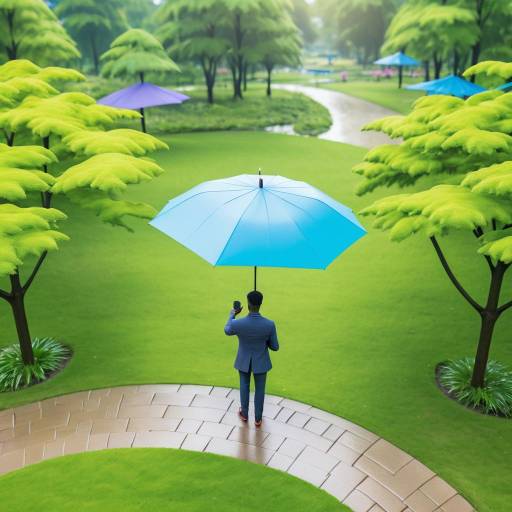 Man with Blue Umbrella in Green Park