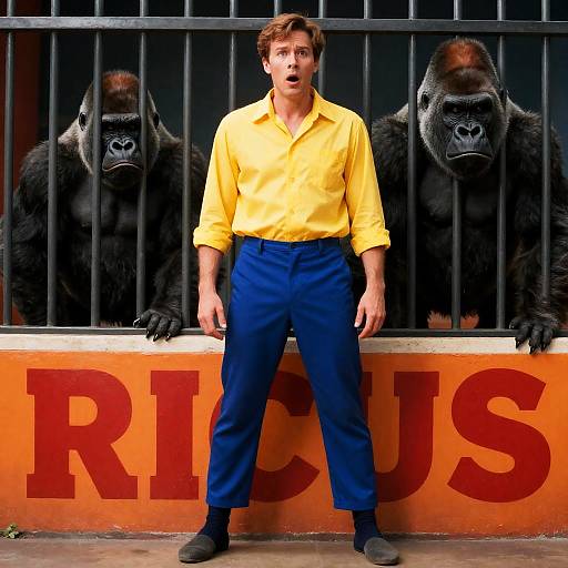 Man Standing Between Gorillas in Circus Cage