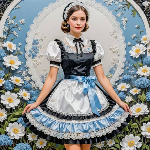Woman in Classic French Maid Outfit with Floral Backdrop