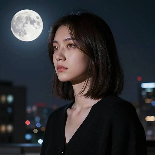 Photograph of an Asian woman with short black hair, wearing a black top, gazing at a bright full moon in a dark, city-night sky