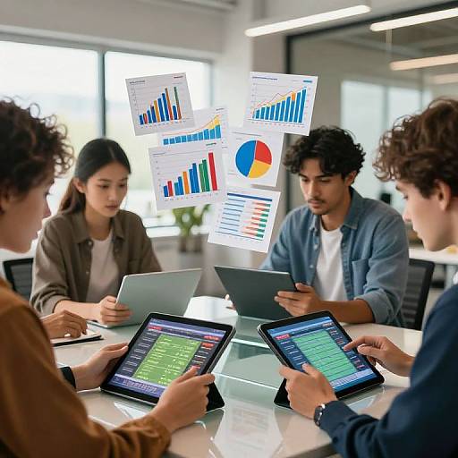 Photograph of four diverse professionals, three men and one woman, analyzing colorful bar and pie charts on tablets around a white table in a bright office.