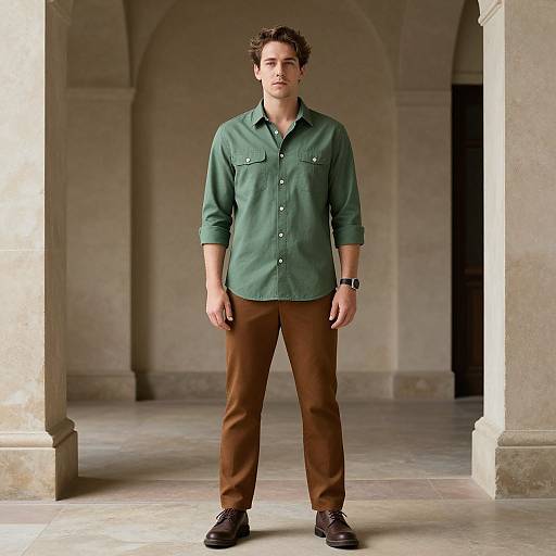 Photograph of a handsome young man with curly brown hair, wearing a green button-up shirt, brown pants, black shoes, standing in a stone arch