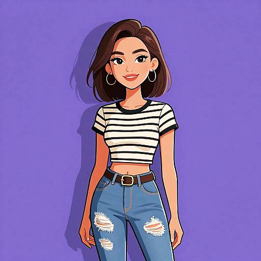 Digital illustration of a smiling young woman with shoulder-length brown hair, wearing a striped crop top, blue distressed jeans, and hoop earrings, against a solid