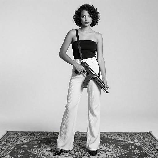 Monochrome Femme Fatale with Submachine Gun