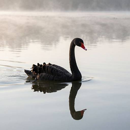 Photograph of a solitary black swan with a red beak, floating on calm, reflective water, with misty light in the background.