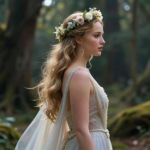 Ethereal Woman in Floral Crown and Flowing Gown
