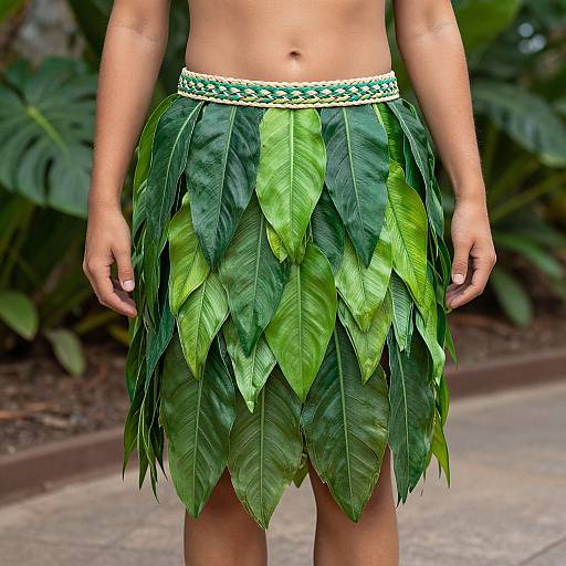 Photograph of a person's torso wearing a leaf skirt with dark and light green leaves, braided yellow-green waistband, standing outdoors.