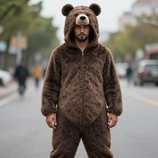 Photograph of a bearded man in a brown bear costume with a hood and bear ears, standing on a blurred city street.