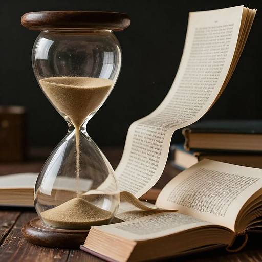 Photograph of a glass hourglass with sand, open books, and a rolled page against a dark background. Time and reading themes.