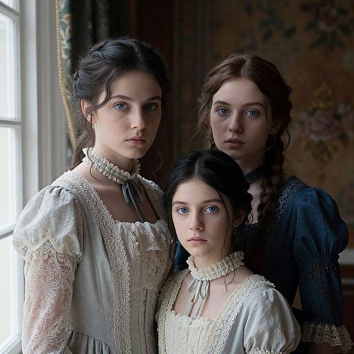 Photograph of three pale-skinned, blue-eyed women in Victorian-style, lace-trimmed dresses, standing by a window in a dimly lit