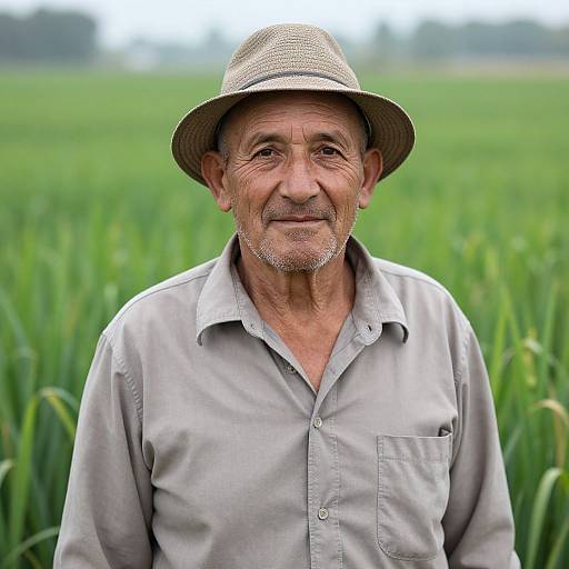 Photograph of an elderly man with a weathered face, grey beard, wearing a light grey shirt and straw hat, standing in a lush green rice