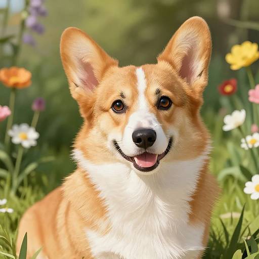 Photorealistic digital image of a happy, brown and white corgi with pointed ears, smiling, surrounded by colorful flowers in a sunny garden.
