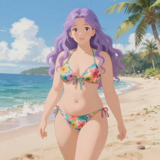 Whimsical Beach Scene with Anime Girl