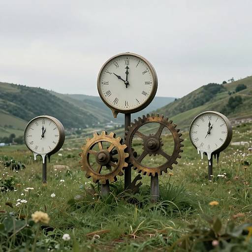 Photograph of three vintage clock faces with one featuring large gears, standing in a grassy meadow with hills and a winding river in the background.